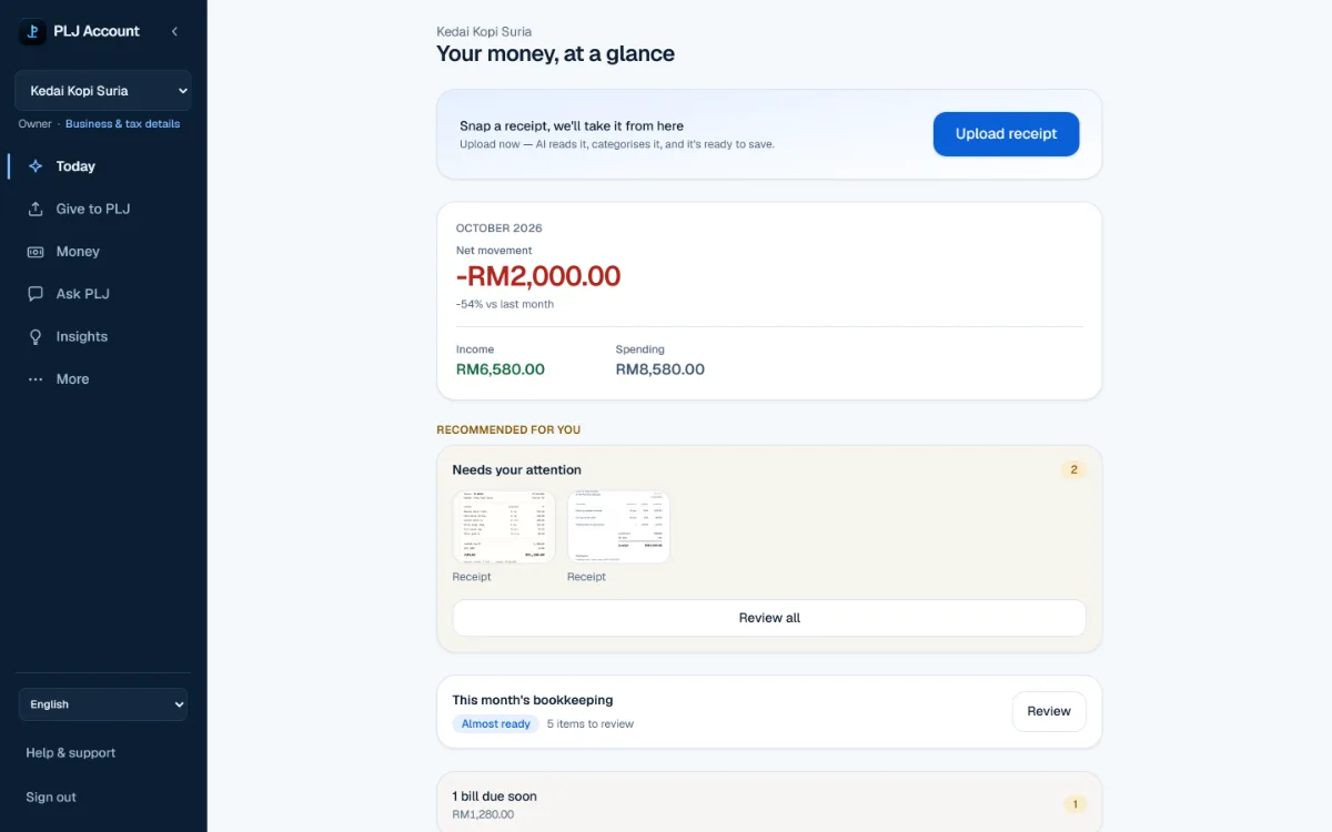 The PLJ Account workspace for a demo business: October net movement of minus RM2,000.00, two receipts waiting to be reviewed, and a bill of RM1,280.00 due.