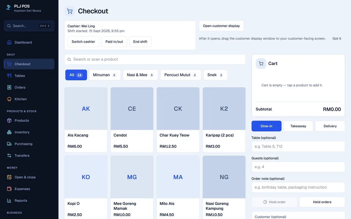 The PLJ POS counter screen: a searchable menu grid with categories for Minuman, Nasi & Mee, Pencuci Mulut and Snek, and items priced in ringgit.